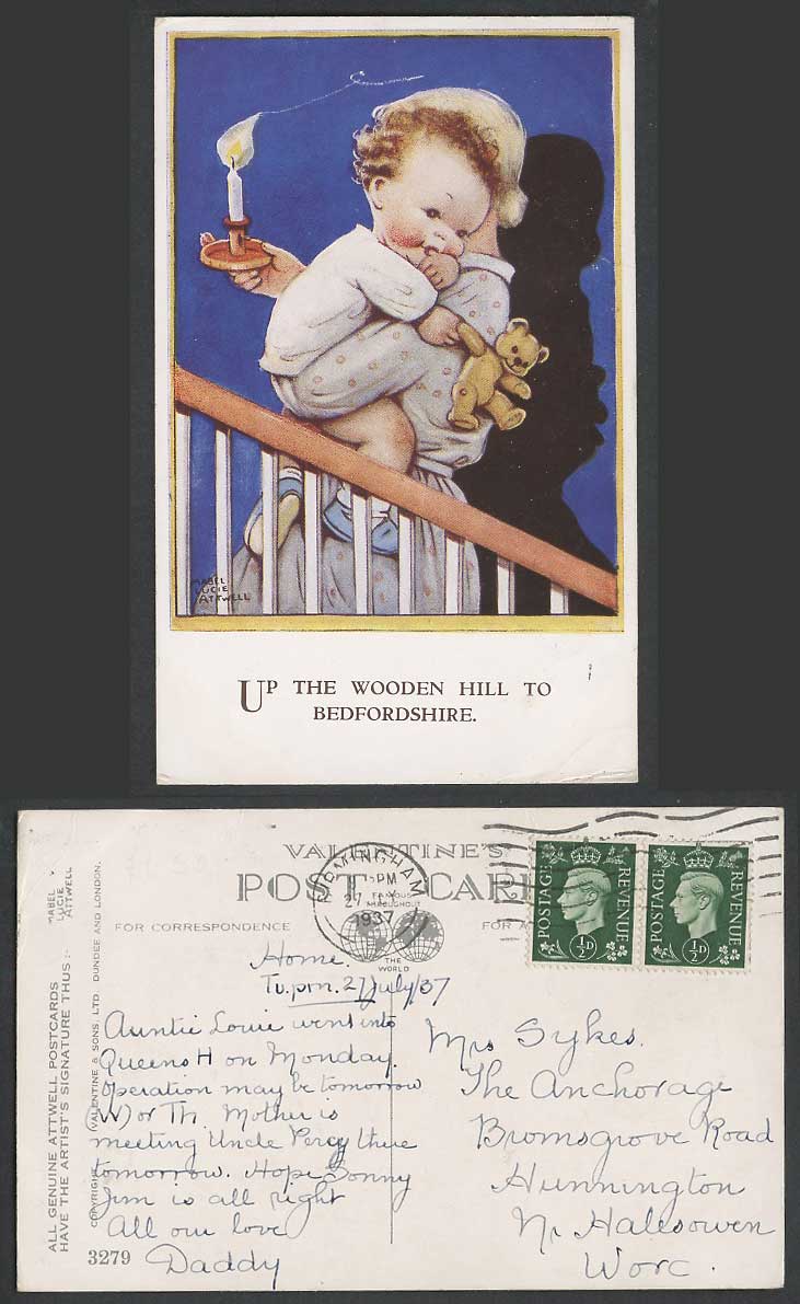 MABEL LUCIE ATTWELL 1937 Postcard TEDDY BEAR Up Wooden Hill to Bedfordshire 3279
