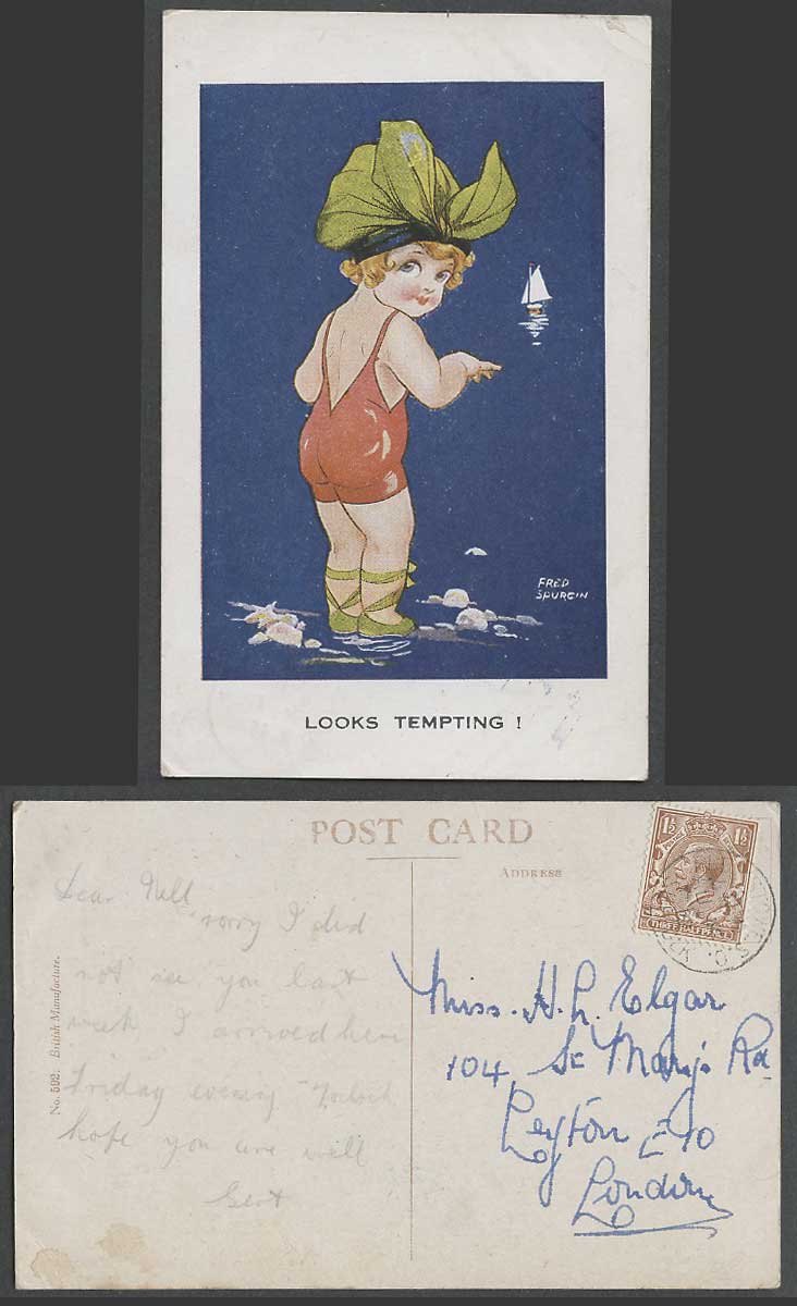 Fred Spurgin 1919 Old Postcard Looks Tempting! Little Girl Bather, Seaside Comic