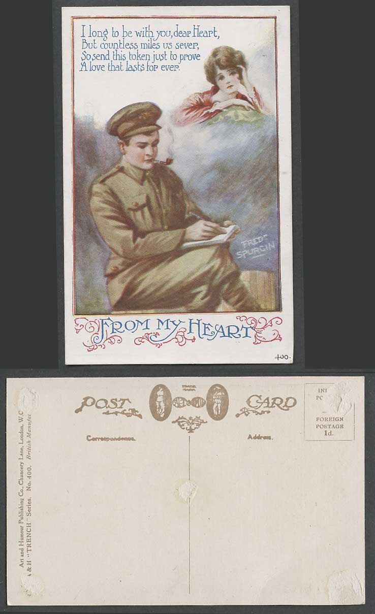 Fred Spurgin Old Postcard From My Heart, Military, Soldier Send Token Woman Lady