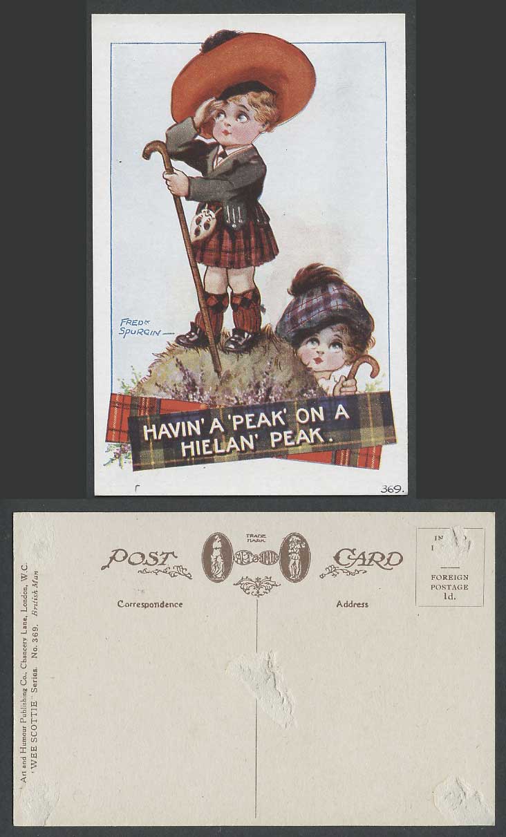 Fred Spurgin Old Postcard Havin' A 'Peak' On a Hielan' Peak. 2 Girls Wee Scottie