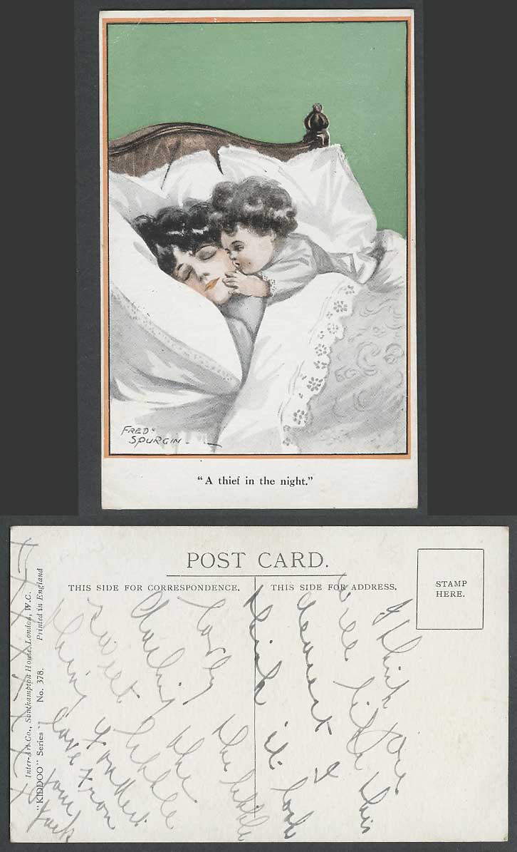 Fred Spurgin Old Postcard A Thief in the Night Baby Child Kissing a Lady, Kiddoo