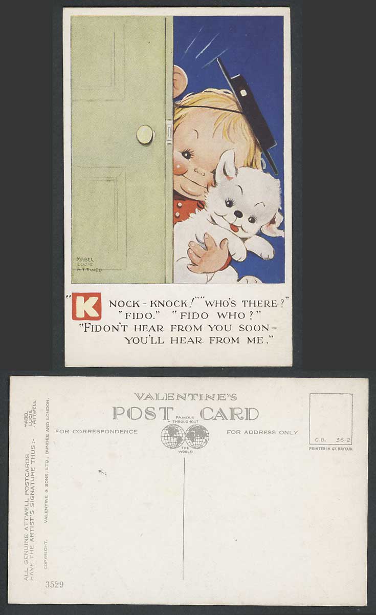 MABEL LUCIE ATTWELL Old Postcard Knock Knock Who's There Fido, Hear From Me 3529