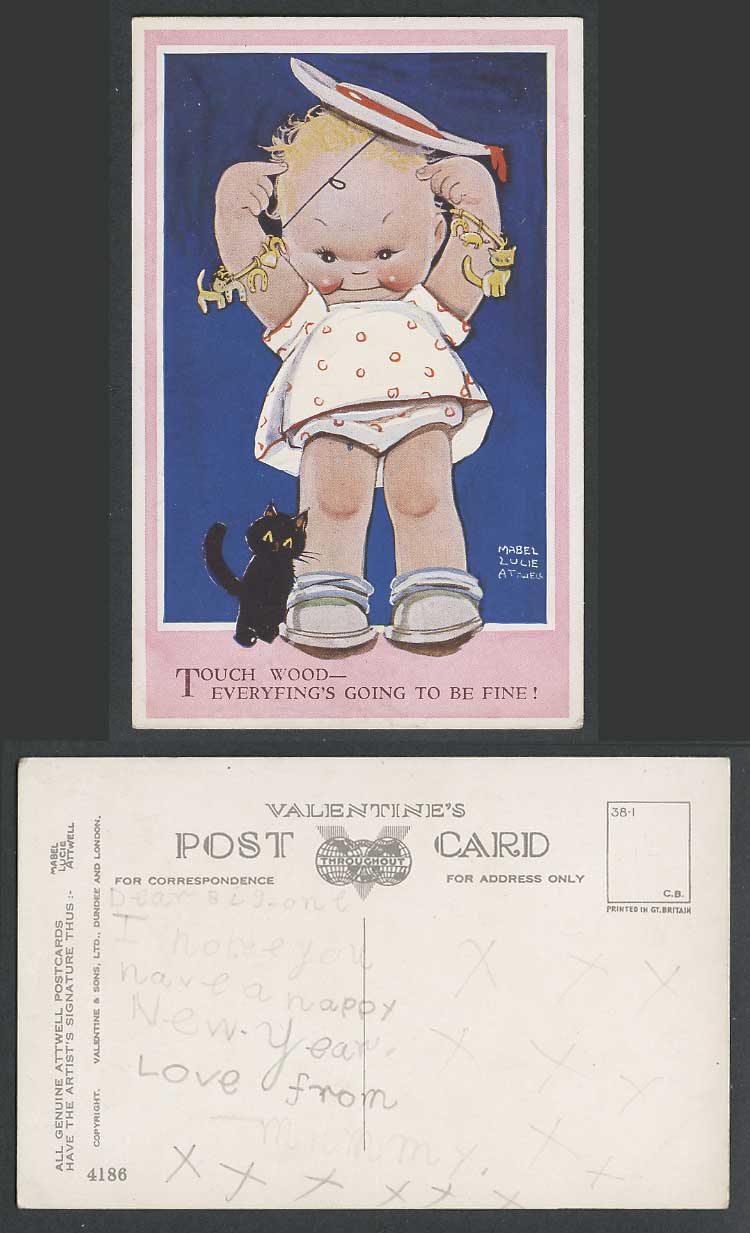 MABEL LUCIE ATTWELL Old Postcard Black Cat Kitten Touch Wood Everyfing Fine 4186