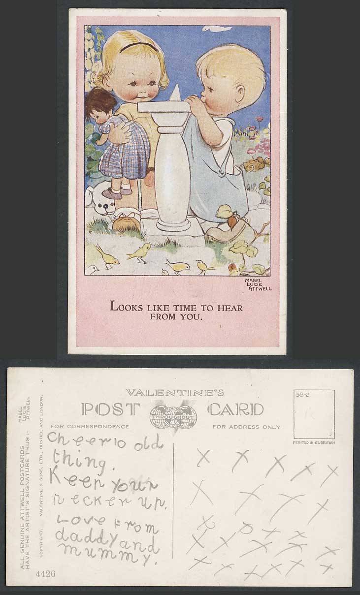 MABEL LUCIE ATTWELL Old Postcard SUNDIAL Looks Like Time to Hear from You N.4426