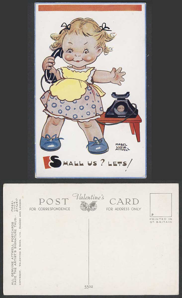 MABEL LUCIE ATTWELL Artist Signed Old Postcard Shall Us Lets Girl Telephone 5502