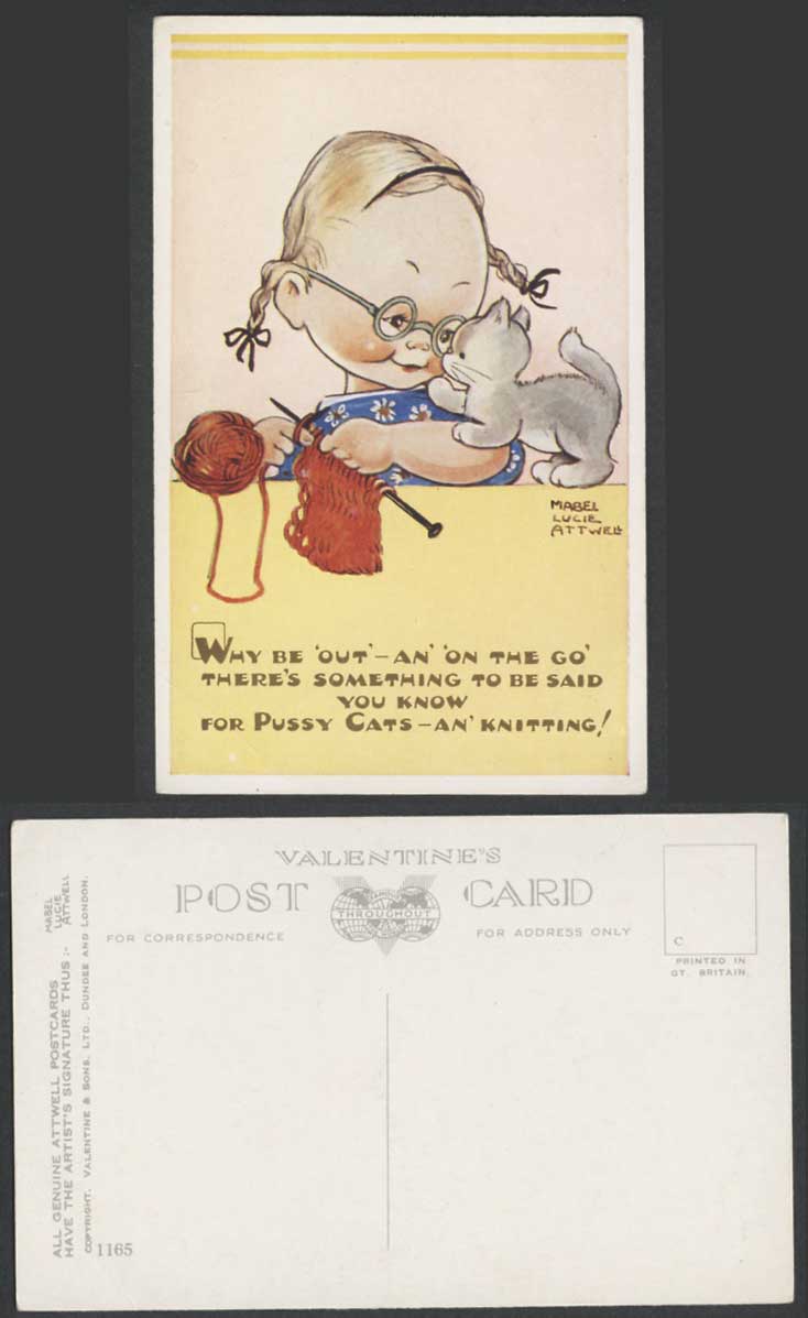 MABEL LUCIE ATTWELL Old Postcard Girl Knitting, Yarn, Pussy Cats Cat Kitten 1165