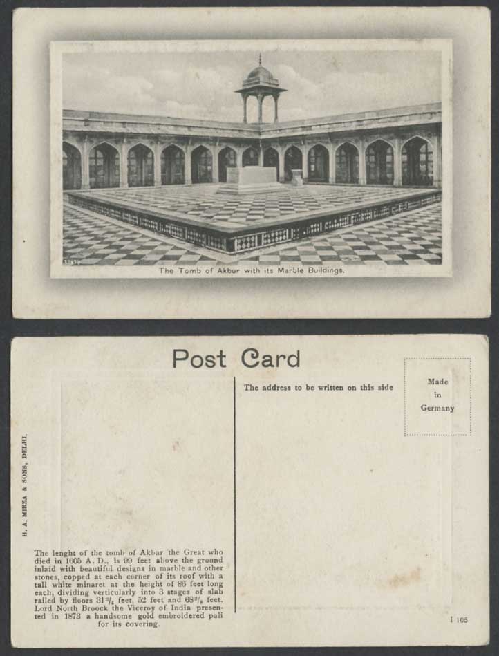 India Old Embossed Postcard Tomb of Akbur Akbar The Great, with Marble Buildings
