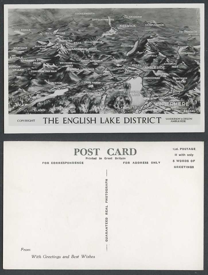 English Lake District MAP Old RP Postcard Windermere Keswick Coniston Tarn Hawes