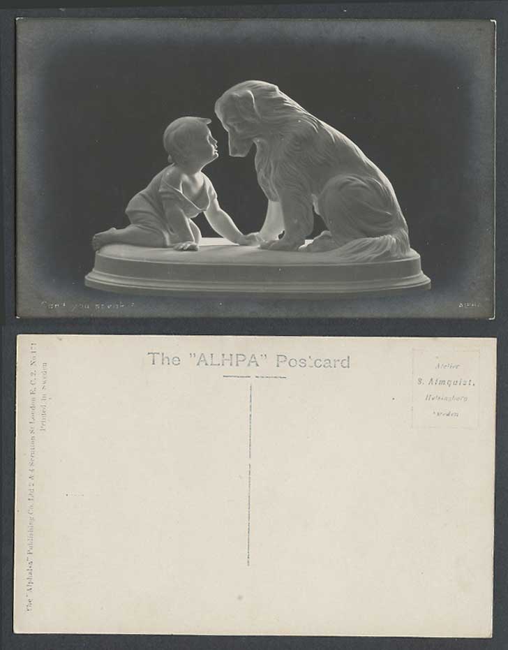 Little Boy & Dog Puppy Statue Sculpture Can't You Speak? Old Real Photo Postcard