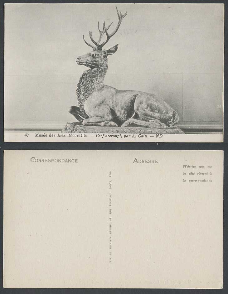 Musee des Arts Decoratifs Museum Cerf Deer Crouching Stag by A Cain Old Postcard