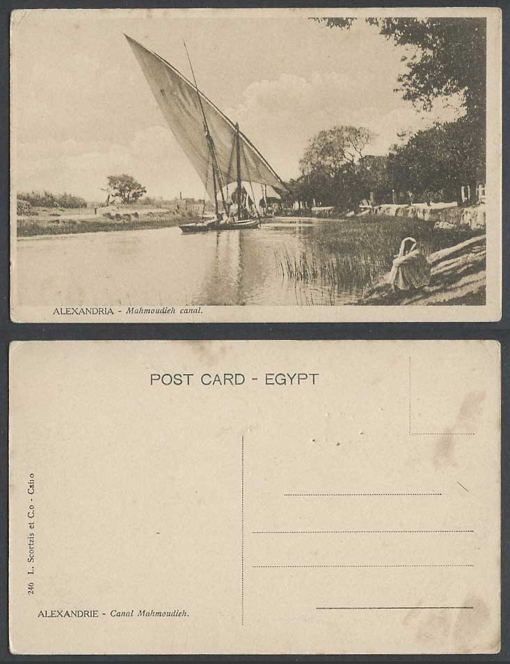 Egypt Old Postcard Alexandria Mahmoudieh Canal Sailing Boats Vessel A Native Man