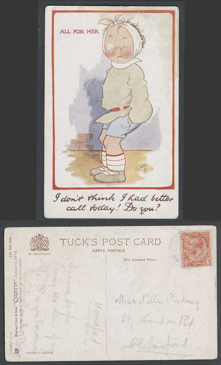 Don't Think I had Better Call Today All For Her 1918 Old Tuck's Oilette Postcard