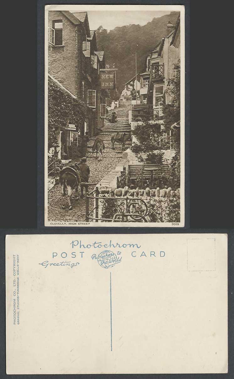CLOVELLY High Street Scene, Donkeys, New Inn Hotel Steps Boys Devon Old Postcard