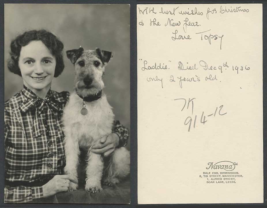 Wire Fox Terrier Puppy Dog Laddie Died Dec 9th 1936 Only 2 Years Old RP Postcard