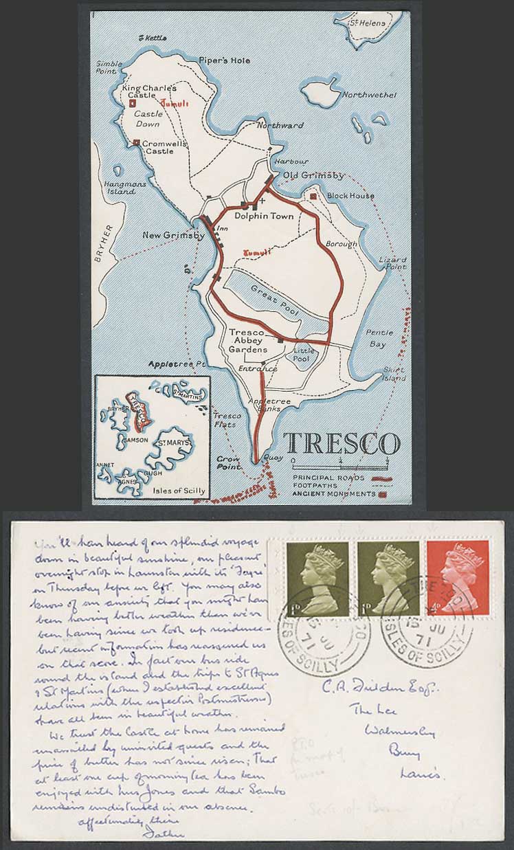 TRESCO MAP Scilly Old Postcard New Grimsby, Dolphin Town, Piper's Hole Northward