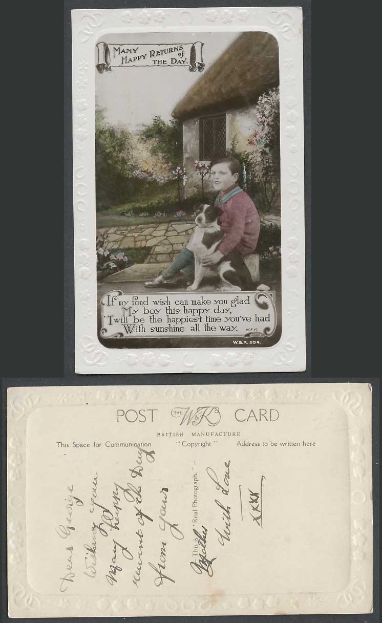 Dog Puppy, Little Boy Children, Thatched Cottage Many Happy Returns Old Postcard