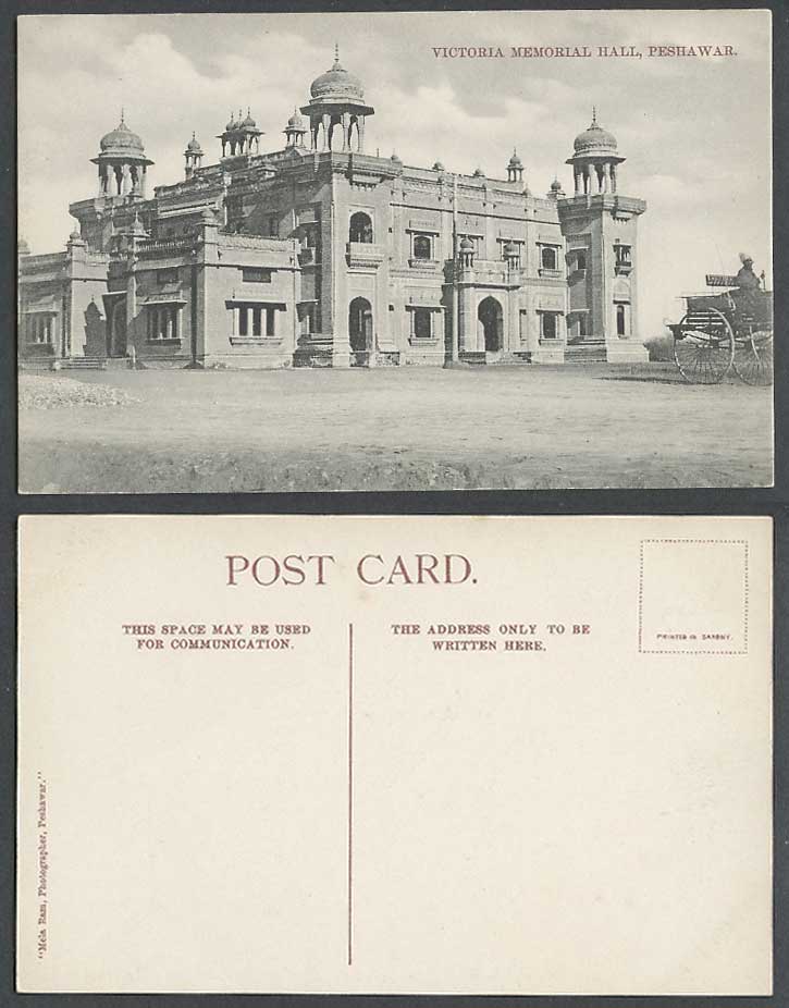 Pakistan Old Postcard Victoria Memorial Hall PESHAWAR Native Driver & Cart India
