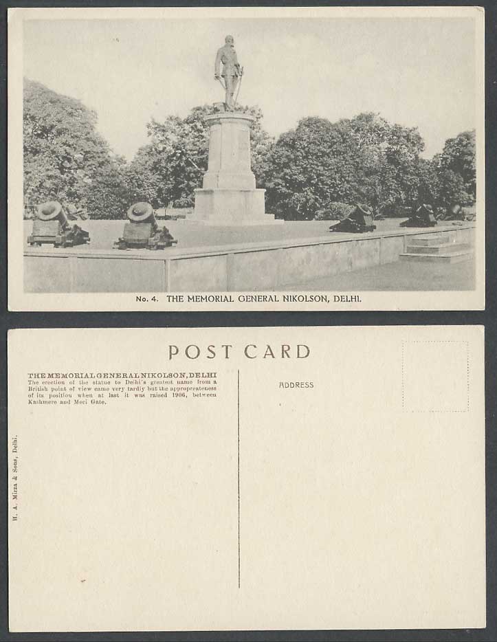 India Old Postcard Memorial General Nikolson Delhi, between Kashmere & Mori Gate