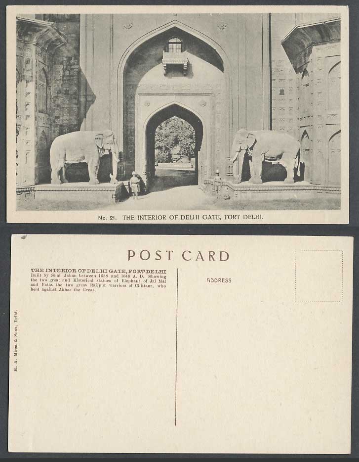 India Old Postcard Interior of Fort Delhi Gate Elephants Elephant Statues Guards
