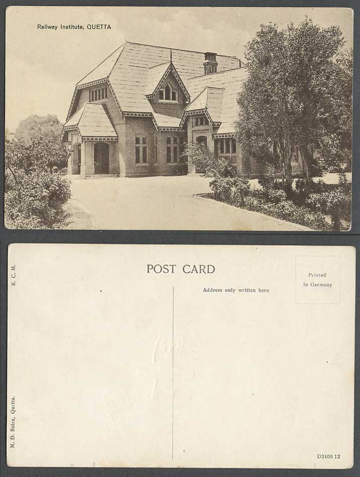 Pakistan Old Postcard Railway Institute Building Quetta India, N.D. Batra K.C.M.