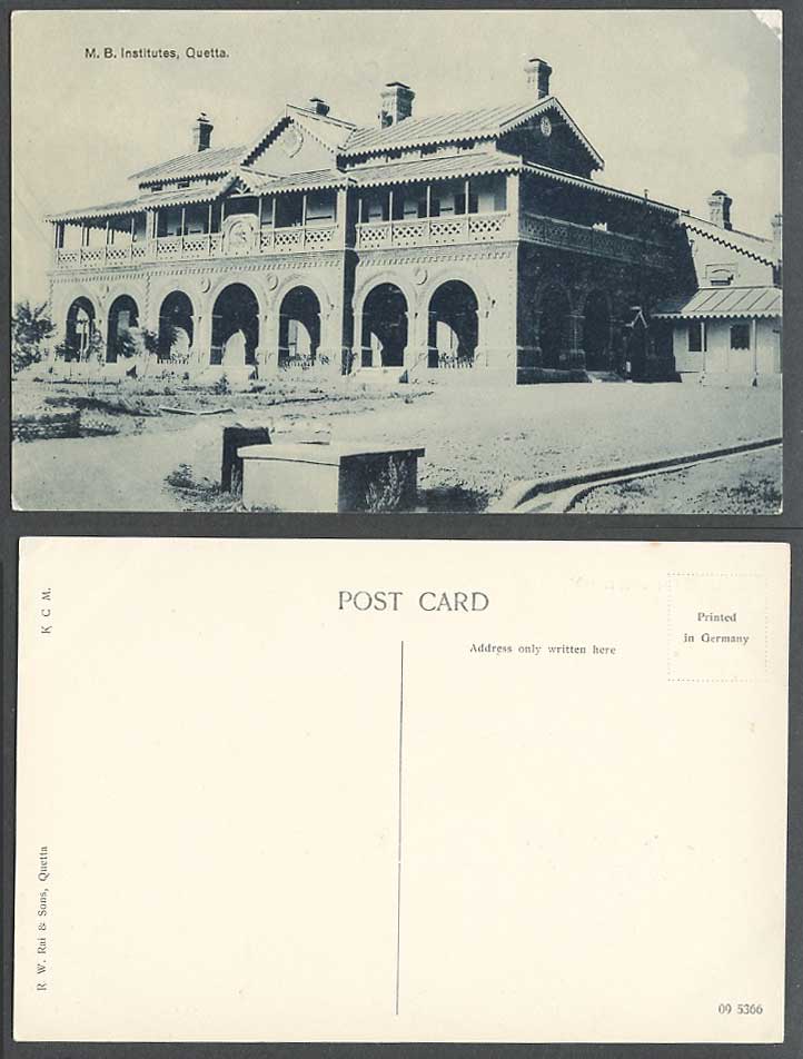 Pakistan Old Postcard Quetta M.B. Institutes Building British India R.W. Rai KCM
