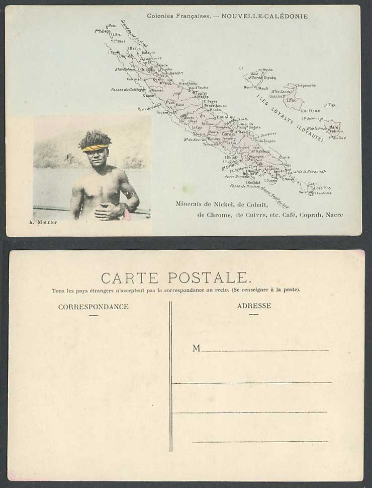New Caledonia MAP Noumea Lifou Native Man Mineral Nickel Cobalt etc Old Postcard