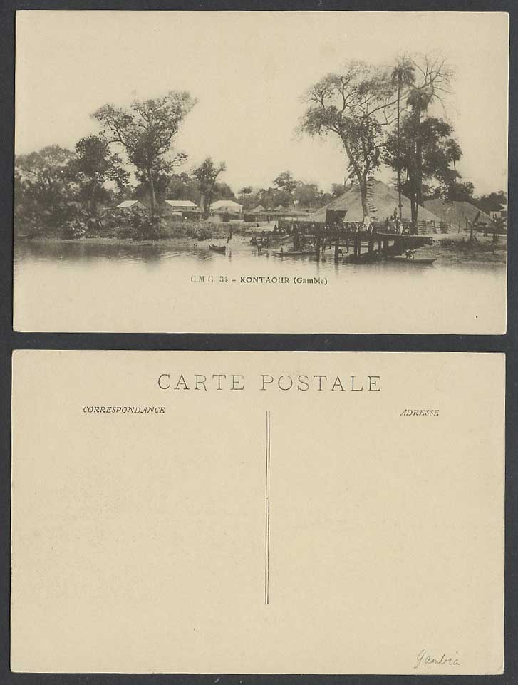 Gambia Gambie Old Postcard Kuntaur Kontaour Native Boats Canoes Quay River Scene