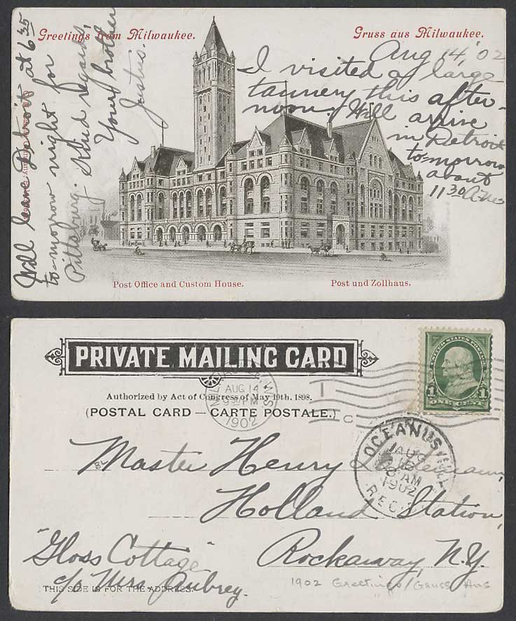 USA 1902 Old UB Postcard Wis. Milwaukee Post Office & Custom House Post Zollhaus