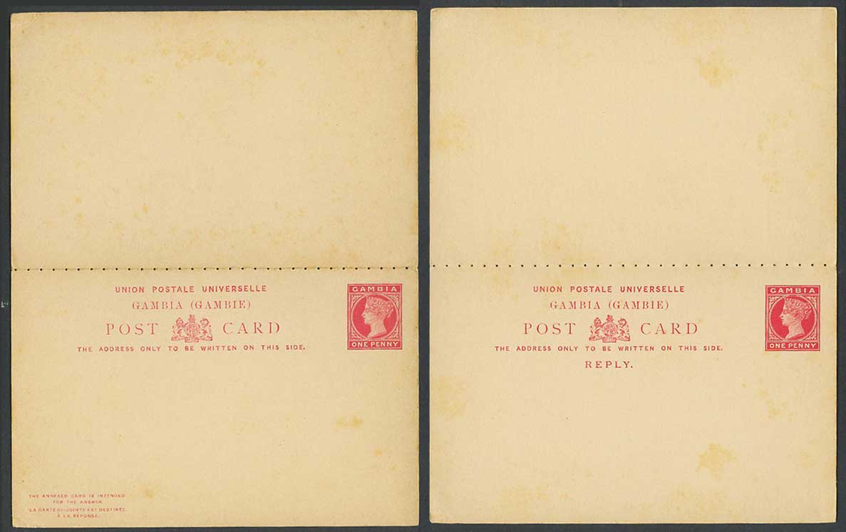 Gambia Queen Victoria 1d Old Vintage Postal Stationery Card plus Reply Card Mint