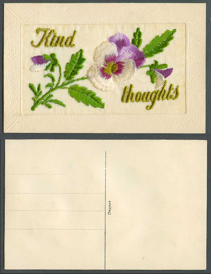 WW1 SILK Embroidered Old Postcard Kind Thoughts Pansy Flowers Novelty Greetings