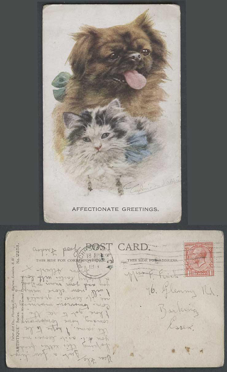 Eugenie M Valter 1919 Old Postcard Pekingese Dog Puppy Cat Affectionate Greeting