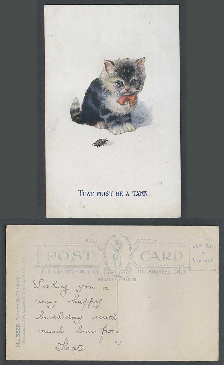 Cat Kitten and Beetle Insect, That Must Be a Tank Comic Humour Pets Old Postcard