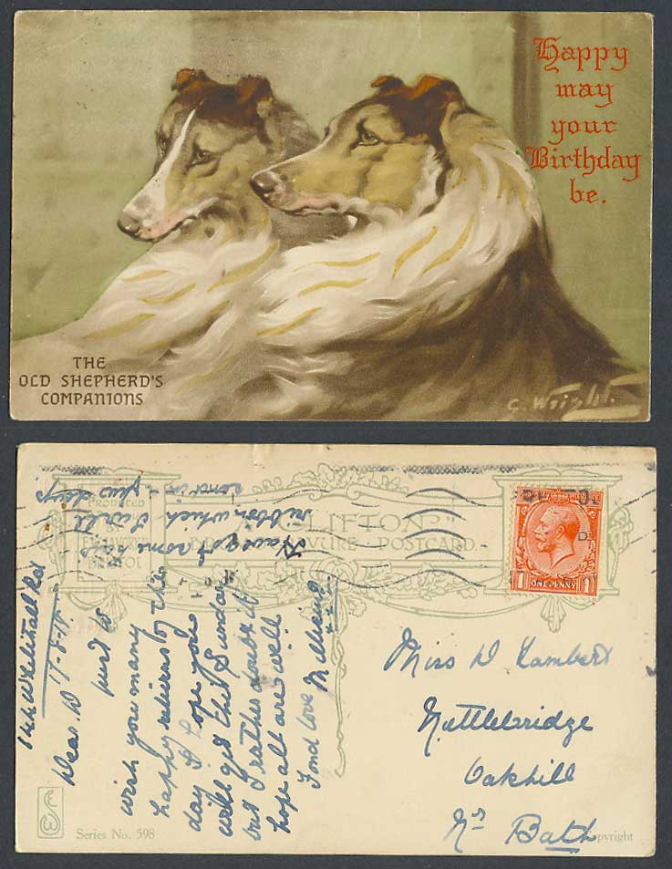 Dogs, Old Shepherd's Companions 1918 Vintage Postcard Happy May Your Birthday Be