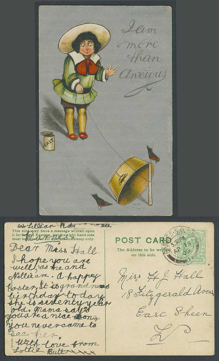 Little Girl Children Bucket Birds Salt, I am More Than Anxious 1909 Old Postcard