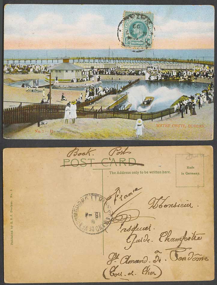 South Africa 1/2d 1909 Old Postcard Water Chute, Durban, Beach Bridge Pier Jetty