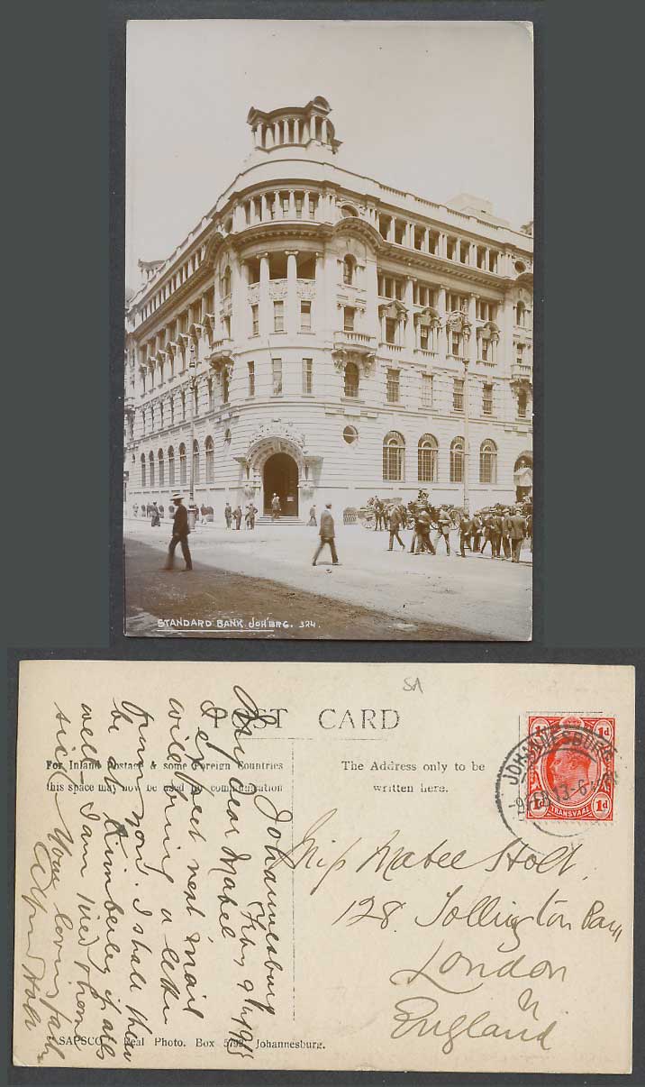 South Africa 1d 1913 Old Photo Postcard Johannesburg Standard Bank, Street Scene