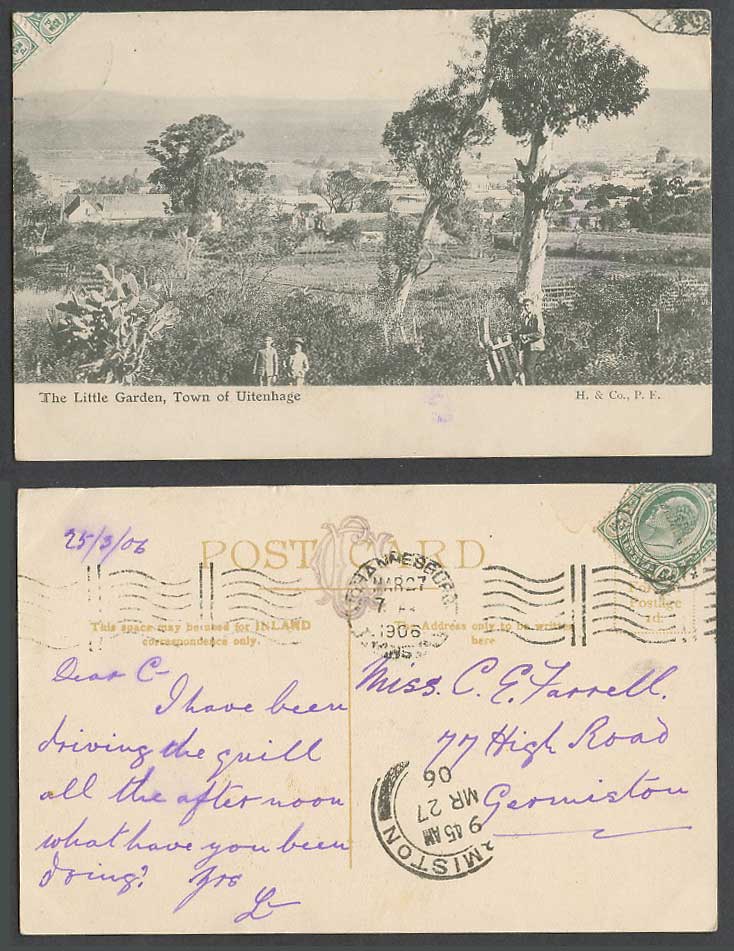 South Africa KE 1/2d 1906 Old Postcard Uitenhage Town Little Garden Boy Girl Man