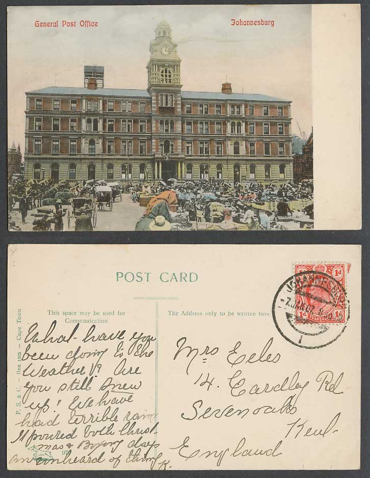 South Africa 1d 1907 Old Tinted Postcard Johannesburg General Post Office Market