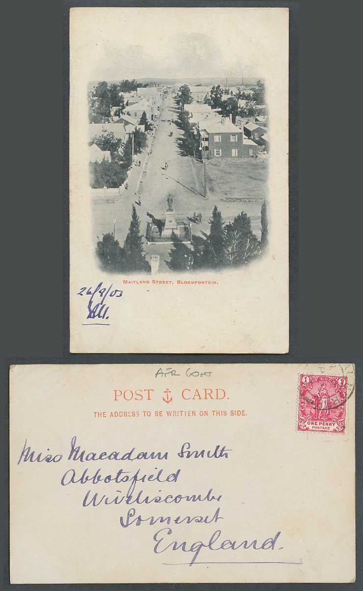 South Africa 1d 1903 Old UB Postcard Bloemfontein, Maitland Street Scene, Statue