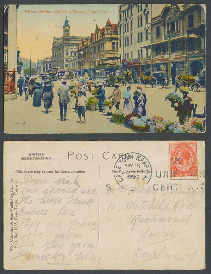 South Africa KG5 1d Old Postcard Cape Town Flower Sellers Adderley Street Scene