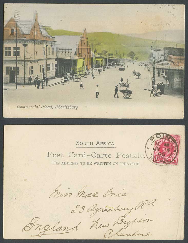 South Africa 1d. 1906 Old Hand Tinted Postcard Maritzburg Commercial Street U.B.