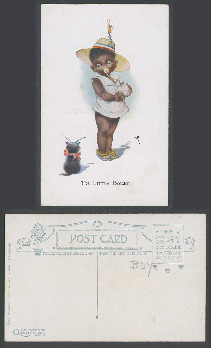 Black Comic Boy Girl Milk Bottle The Little Beggar Black Cat Kitten Old Postcard