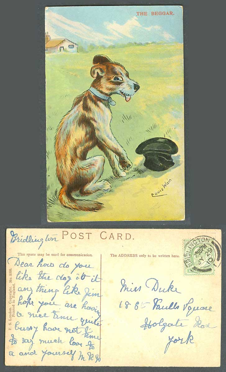 Louis Wain Artist Signed Dog Puppy, The Beggar & Hat 1910 Old Postcard ES London