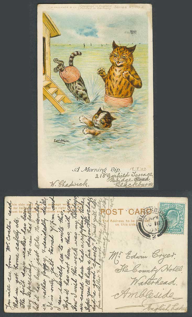 LOUIS WAIN Artist Signed Cats Kittens Diving A Morning Dip Sea 1903 Old Postcard