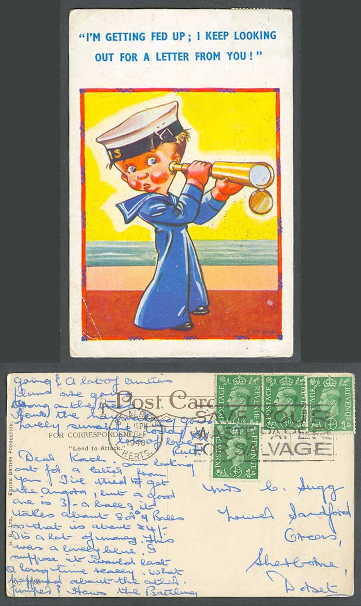 Comicus 1948 Old Postcard Navy Seaman Boy Monocular Look out for letter from You