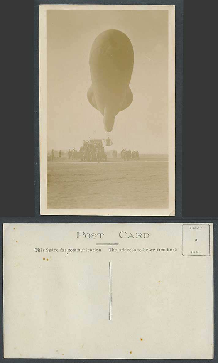 WW1 BALLOON, Military Aircraft Airship Zeppelin Soldiers Old Real Photo Postcard
