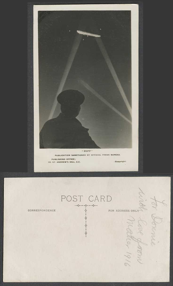 Zeppelin Zepp, Soldier Looking at Airship Night Military Old Real Photo Postcard