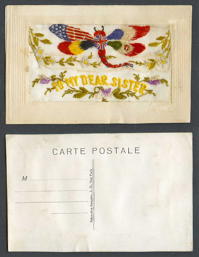 WW1 SILK Embroidered Old Postcard Dragonfly To My Dear Sister Flag Flower Wallet