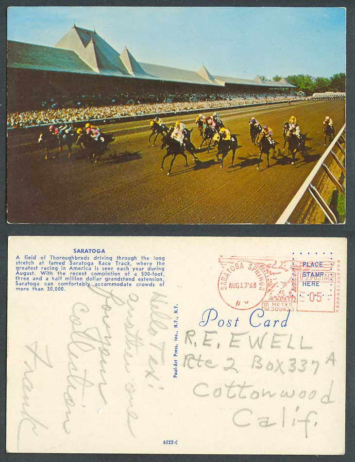 USA NY Saratoga Springs, Race Track Horse Racing Thoroughbreds 1968 Old Postcard