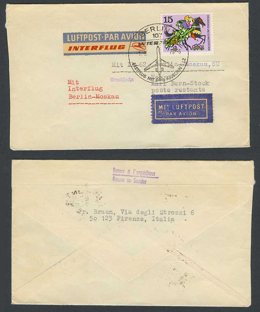 East Germany 1.8. 1970 First Flight Cover Interflug IL 62 Berlin Moscow Russia
